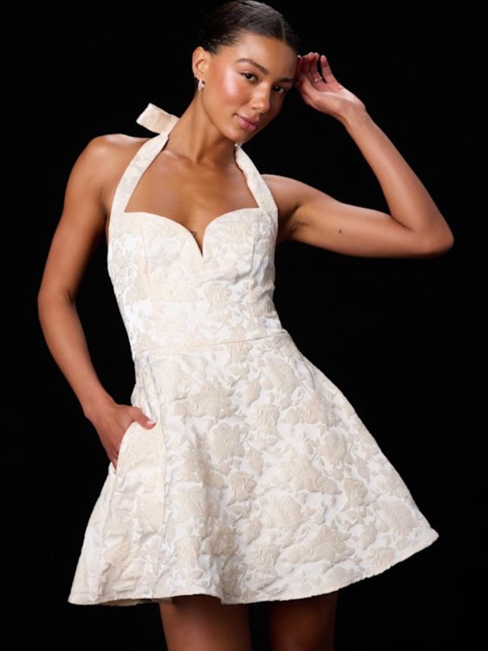 Lulus Dina Ivory Floral Jacquard Halter Mini Dress White - Size M